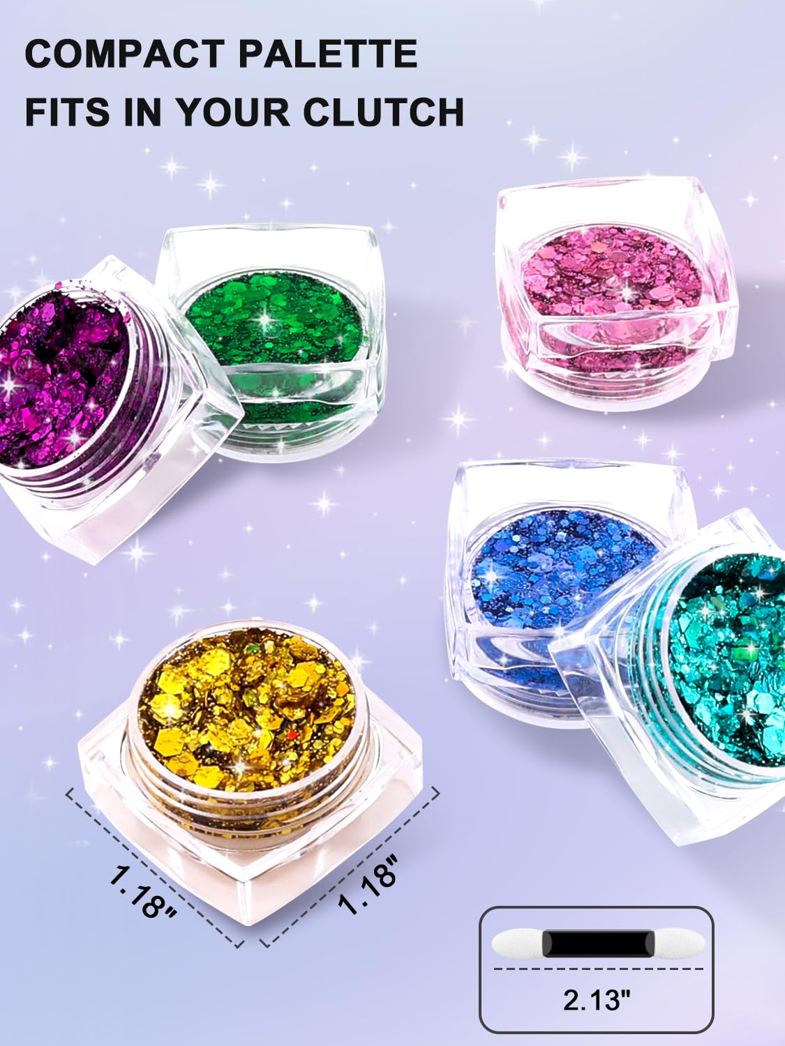 Imported USA holographic makeup glitter jars contents and dimensions reference chart
