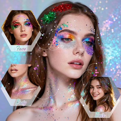 PASNOWFU holographic red cosmetic glitter applied to dark hair roots.