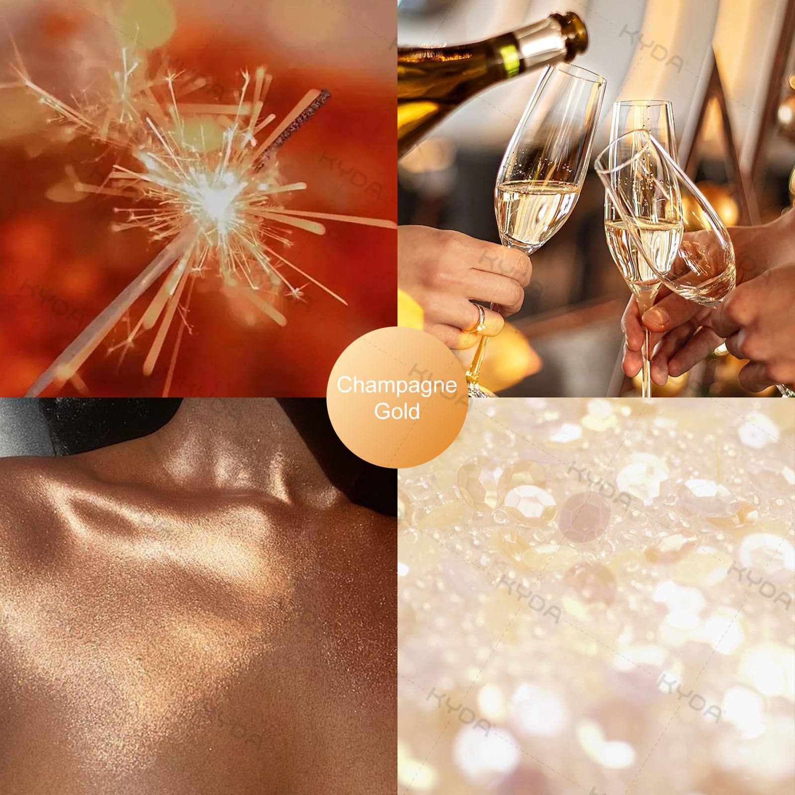 Kyda loose shimmer powder highlighter spray Champagne Gold shade close up