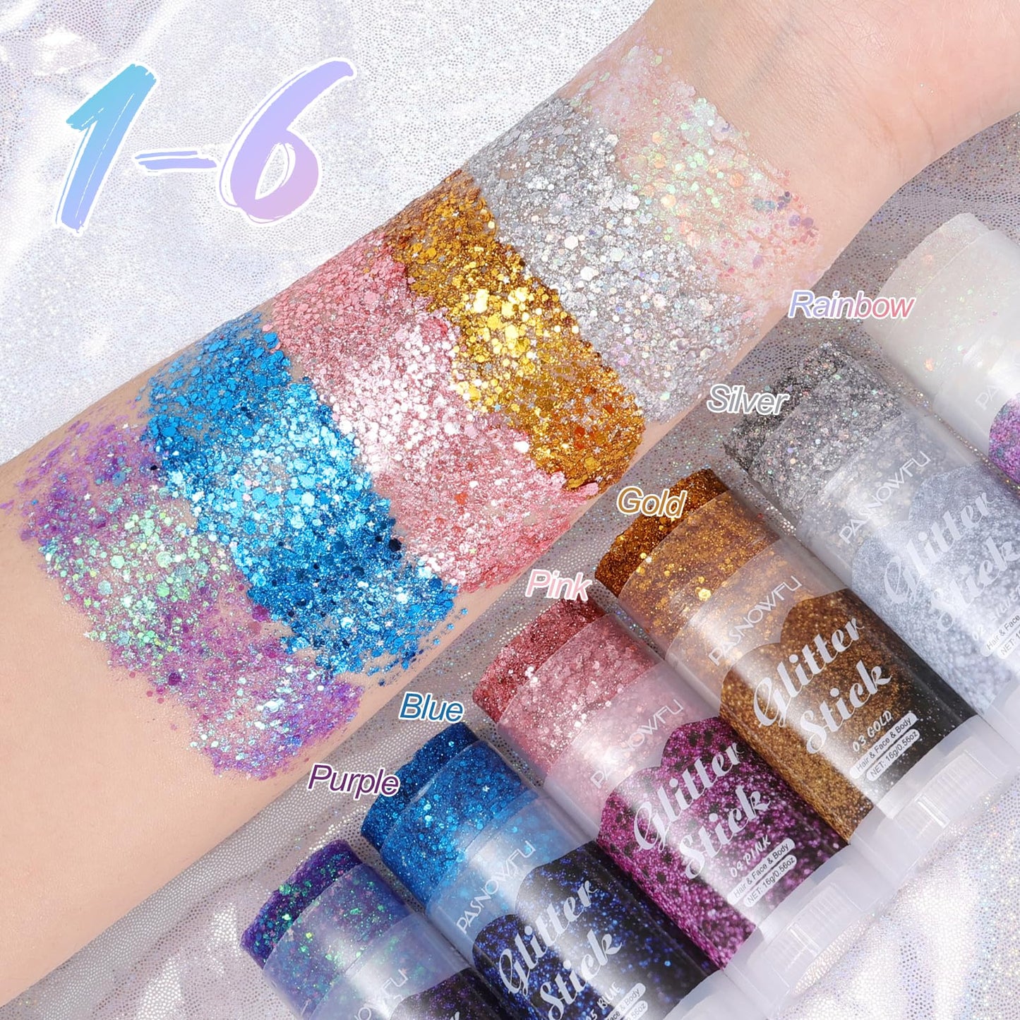 Swatches of the red sparkling gel makeup on different skin tones.
