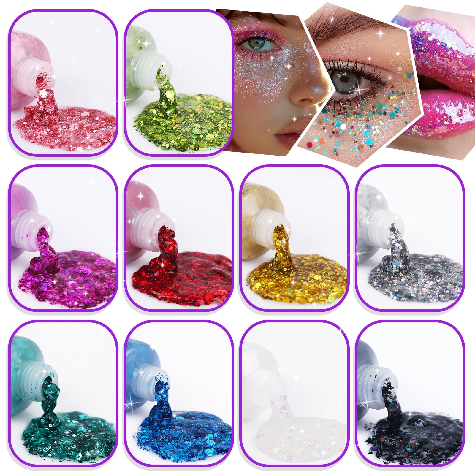 Waterproof chunky hair glitter gel being applied onto festival hairstyle look