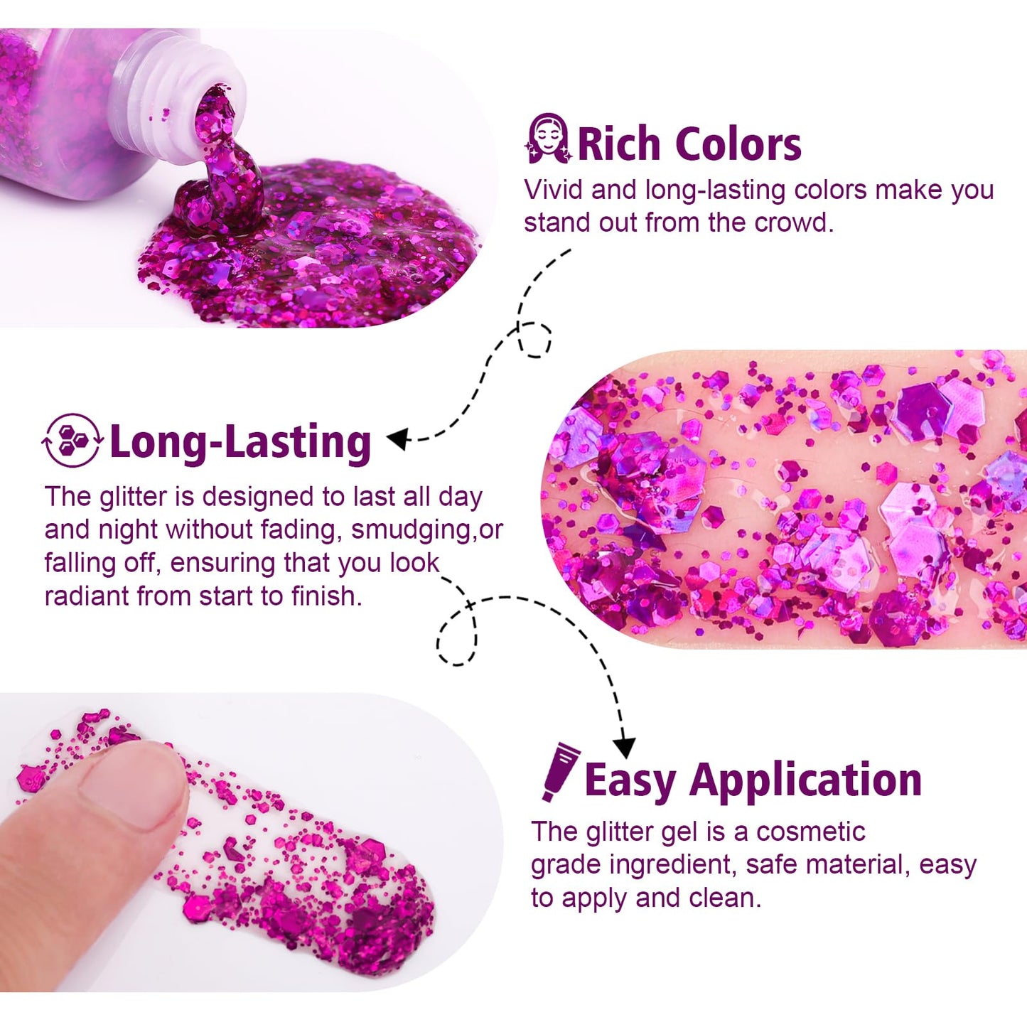 Mardi Gras rave festival accessories showing multi use glitter for eyes and lips