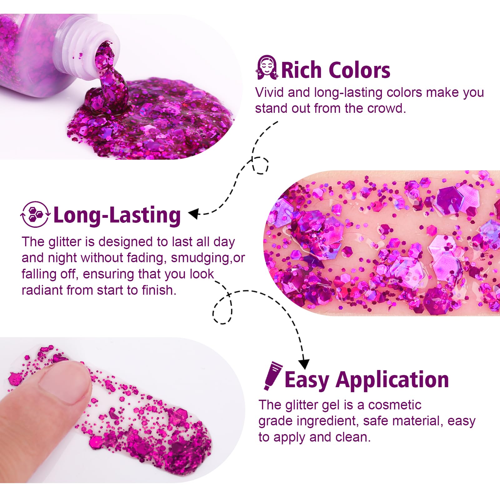 Mardi Gras rave festival accessories showing multi use glitter for eyes and lips