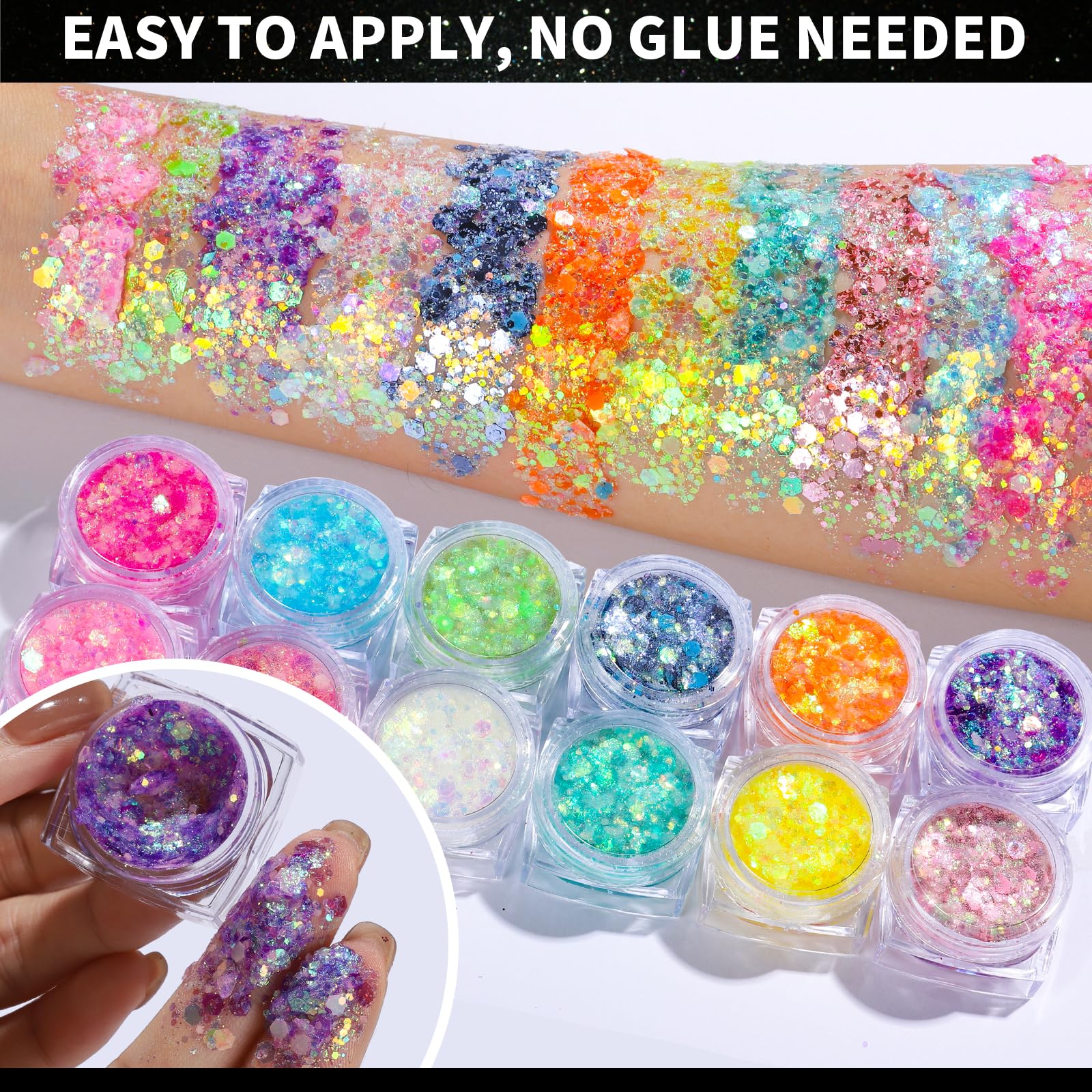Luminous face and body chunky glitter gel glowing vividly under dark UV blacklight settings