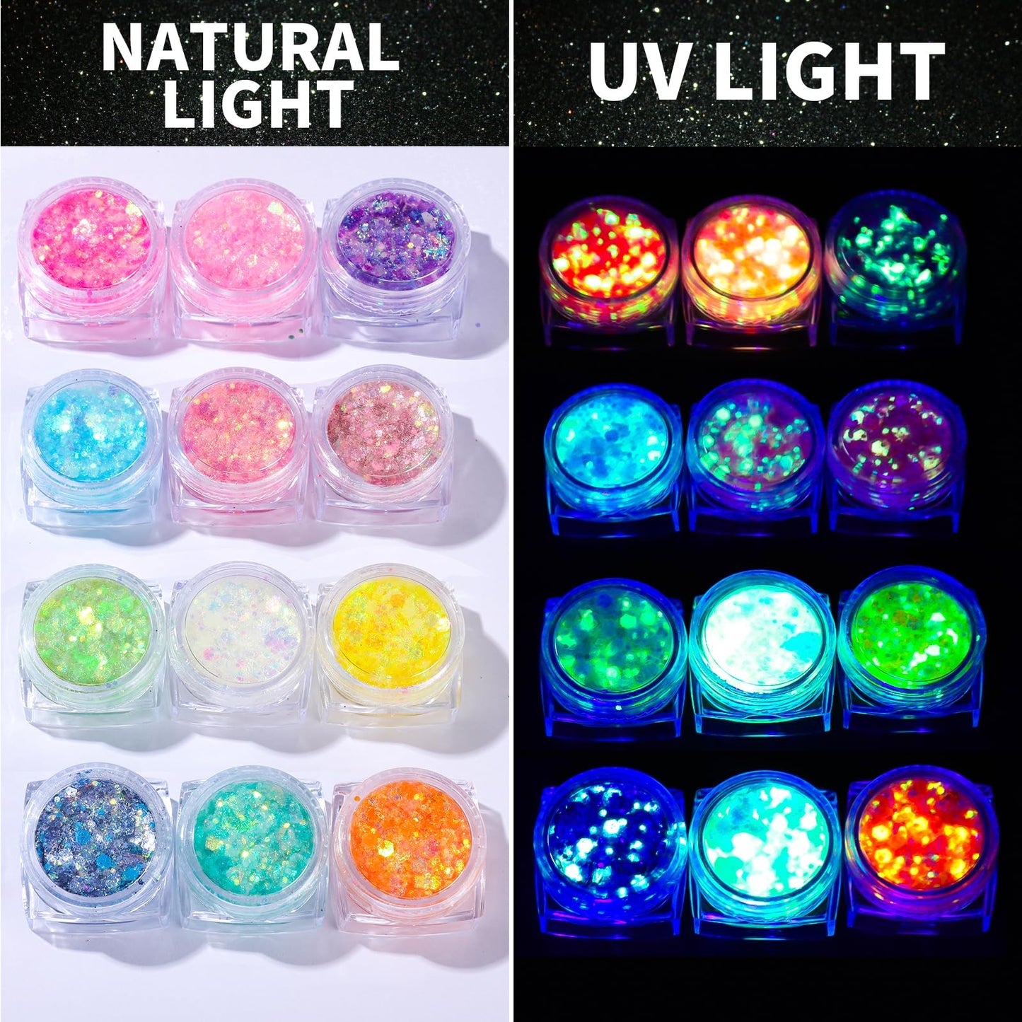Twelve piece neon color palette display including pink green blue yellow and turquoise shades