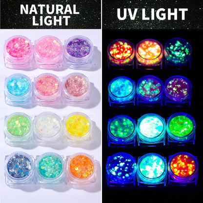 Twelve piece neon color palette display including pink green blue yellow and turquoise shades