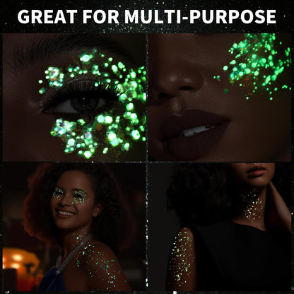 Chunky holographic body art gel being applied with a professional makeup brush onto the arm