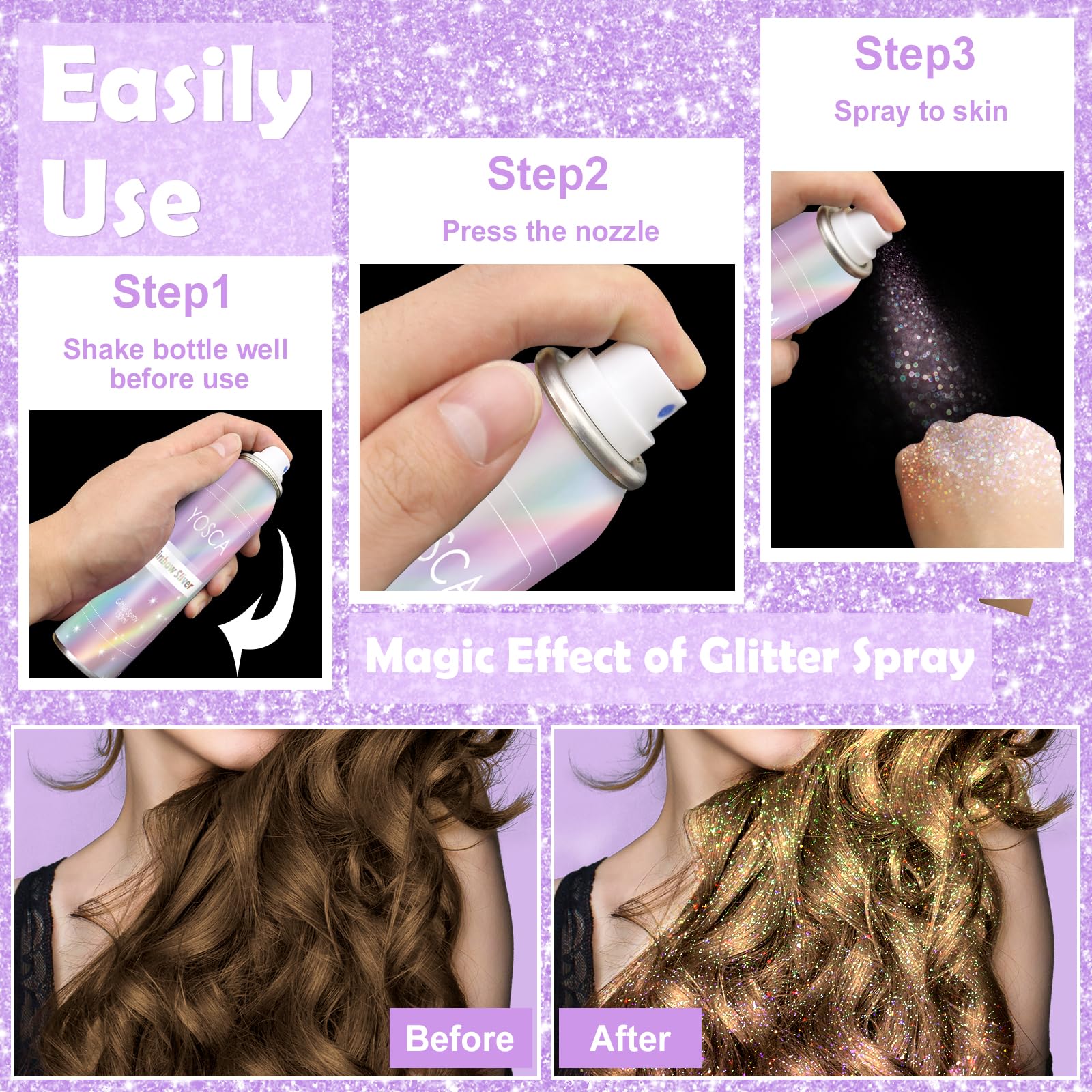 Before and after visual presentation displaying the high impact holographic glow achieved with this imported body spray.