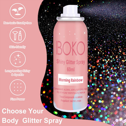 Model applying Boko holographic silver spray to hair for festival makeup look.
