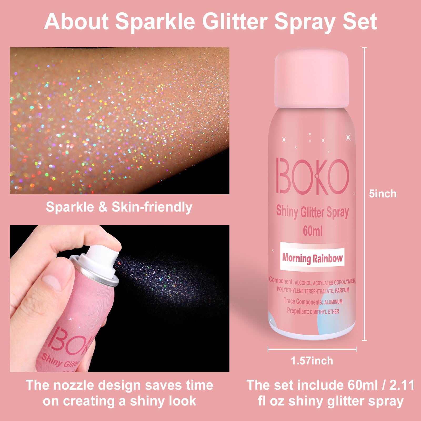 Boko glitter spray container showing morning rainbow scent product details.