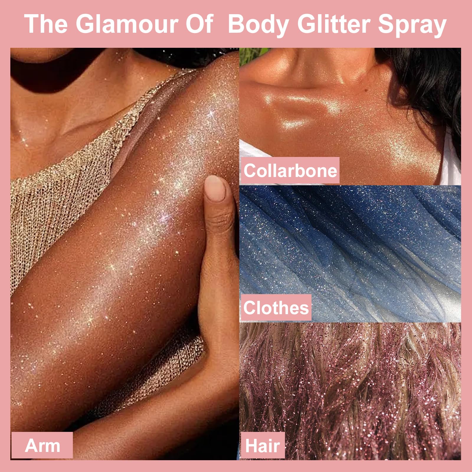 Demonstration of quick drying water resistant body shimmer mist on skin.