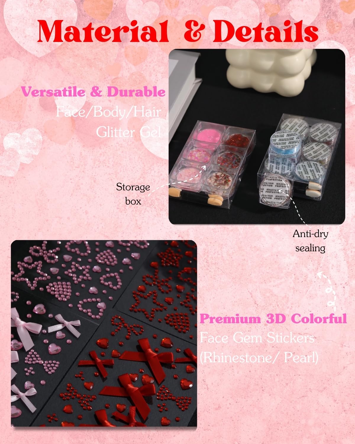 Peel and stick face jewels sheet showcasing variety of red and pink star rhinestone options