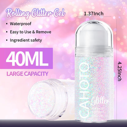 Cahoto body glitter gel being applied to the arm demonstrating the smooth rollerball mechanism.