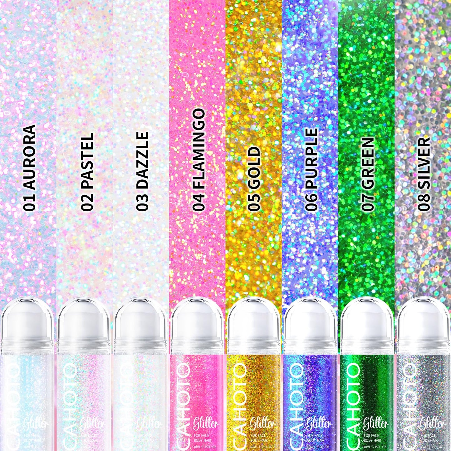Model showcasing the pastel holographic shimmer gel on cheekbones and hair for a festival look.