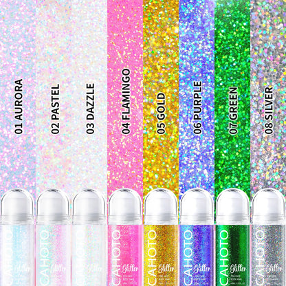 Model showcasing the pastel holographic shimmer gel on cheekbones and hair for a festival look.