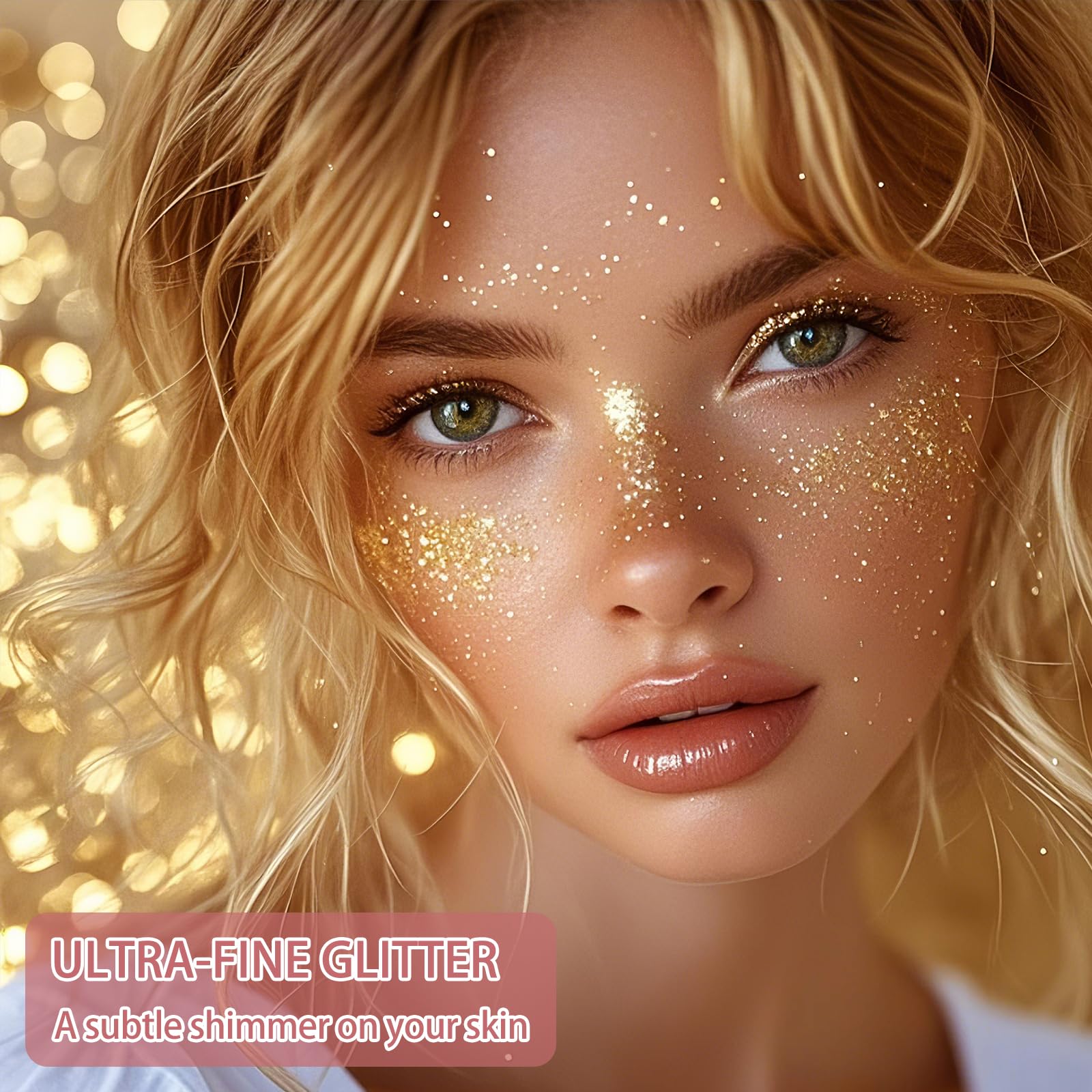Etercycle golden body glitter spray being misted onto hair for festival makeup styling