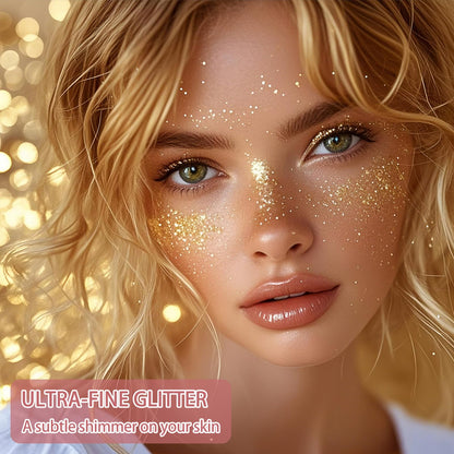 Etercycle golden body glitter spray being misted onto hair for festival makeup styling