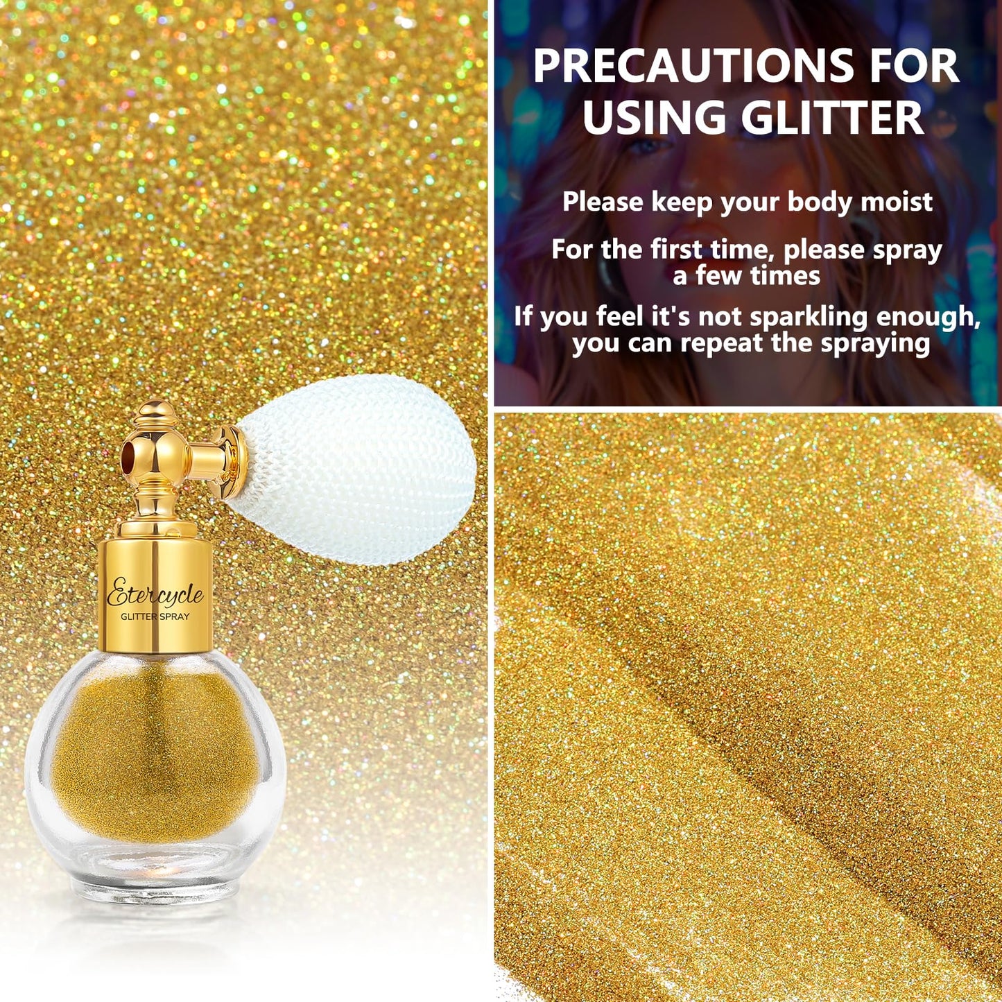 Close up view of the fine gold shimmer particles on skin showing holographic highlighter effect