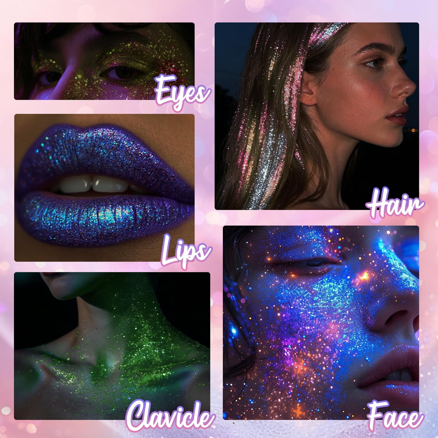 Packaging details of the Cahoto festival cosmetics line featuring the multi use body glitter gel.