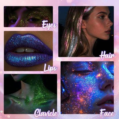 Packaging details of the Cahoto festival cosmetics line featuring the multi use body glitter gel.