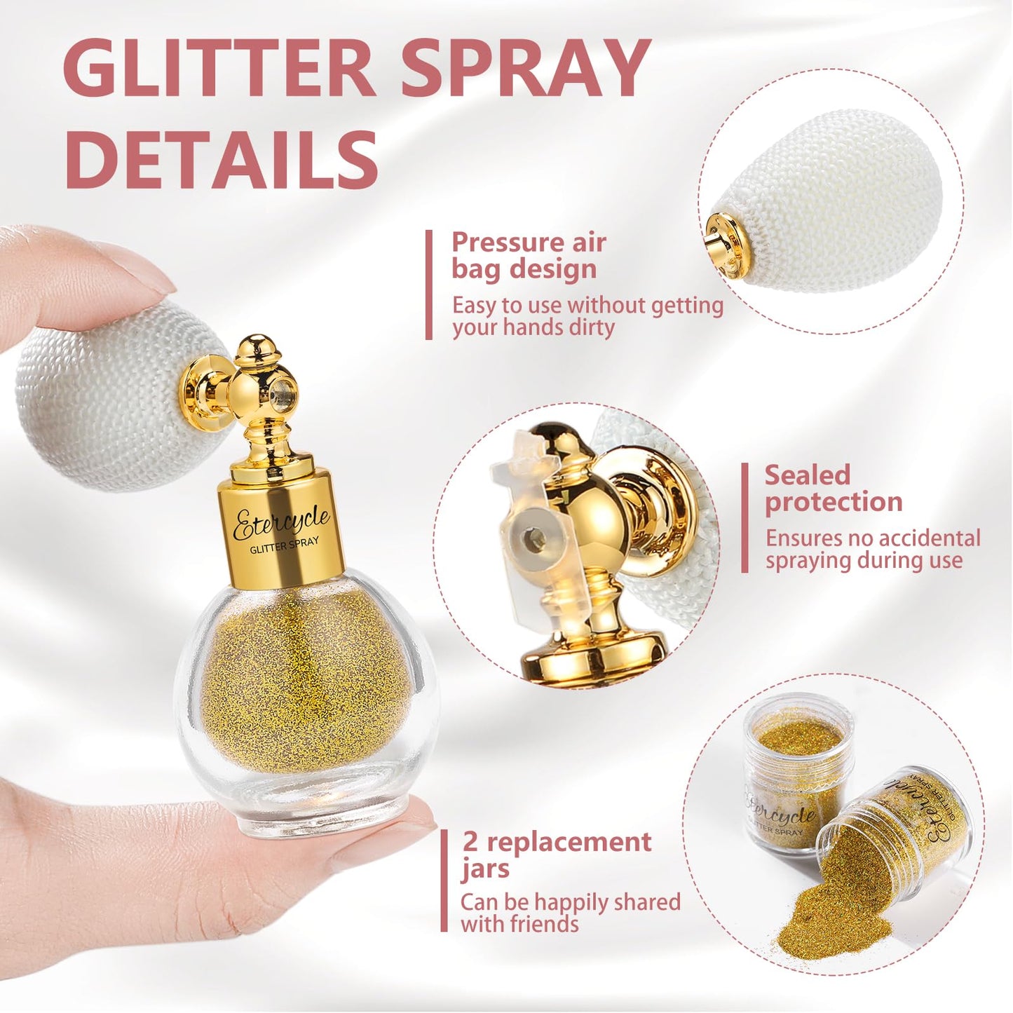 Etercycle cosmetic highlighter powder spray bottle packaging details and refillable mechanism