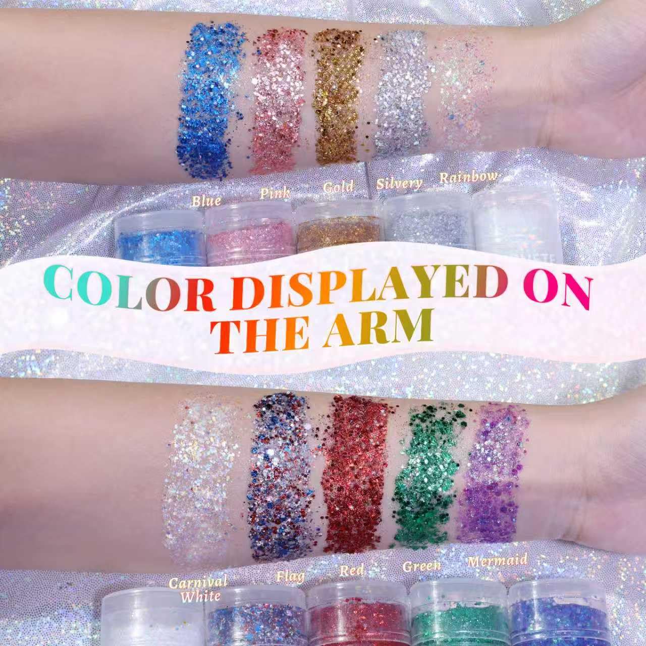 YBUETE holographic rainbow glitter crayon texture swatched on skin