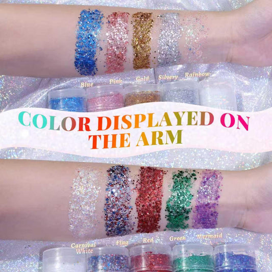 YBUETE holographic rainbow glitter crayon texture swatched on skin