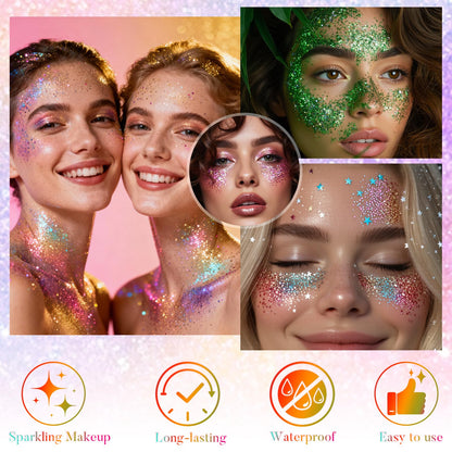 Model showcasing fairy dust makeup using YBUETE chunky body glitter