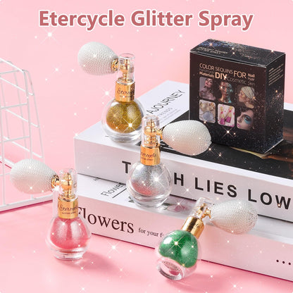 Etercycle extra fine face shimmer powder vintage atomiser bottle shown from a side angle