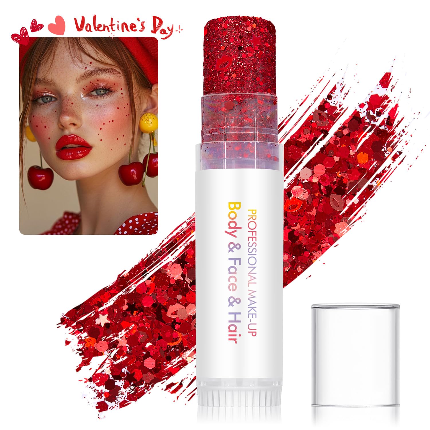 SYPAFG chunky face glitter sticks with self-adhesive heart gems included in the pack.