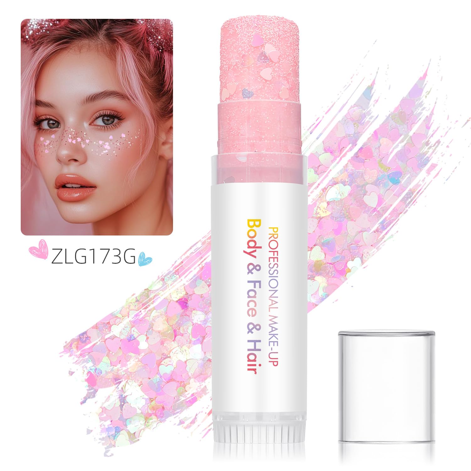 Waterproof red hair glitter and pink body shimmer stick being applied to the skin.
