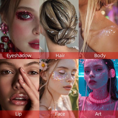 Holographic 3D sequin body makeup stick for music festivals and concert rave styles.