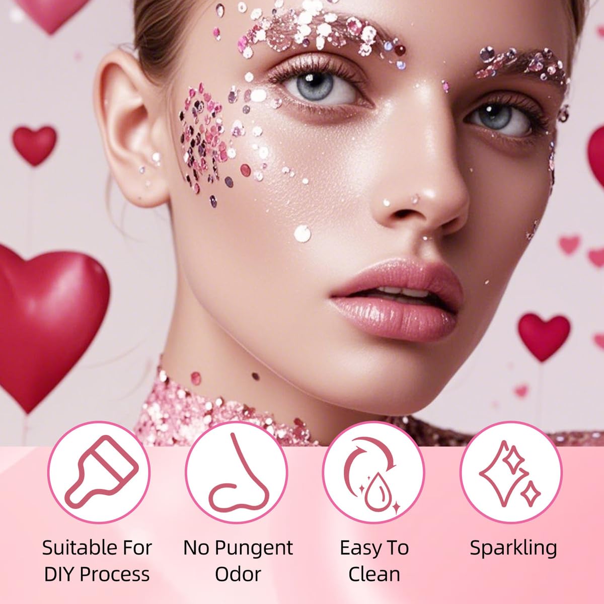 Hypoallergenic twist-up body glitter stick showing creamy glitter texture swatch.