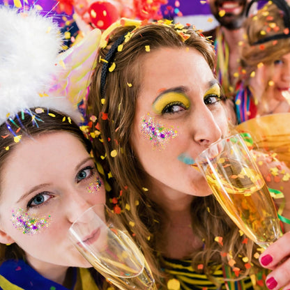 CiikDux color-changing holographic glitter gel applied as festival makeup on model cheekbones.