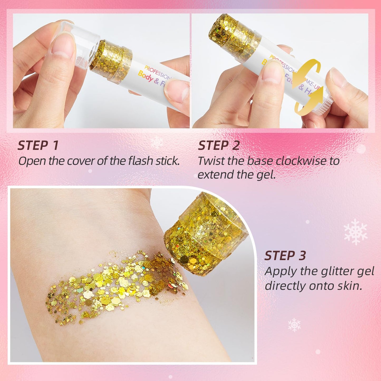 Long lasting holiday cosmetic glitter stick applied on cheekbones and collarbone.