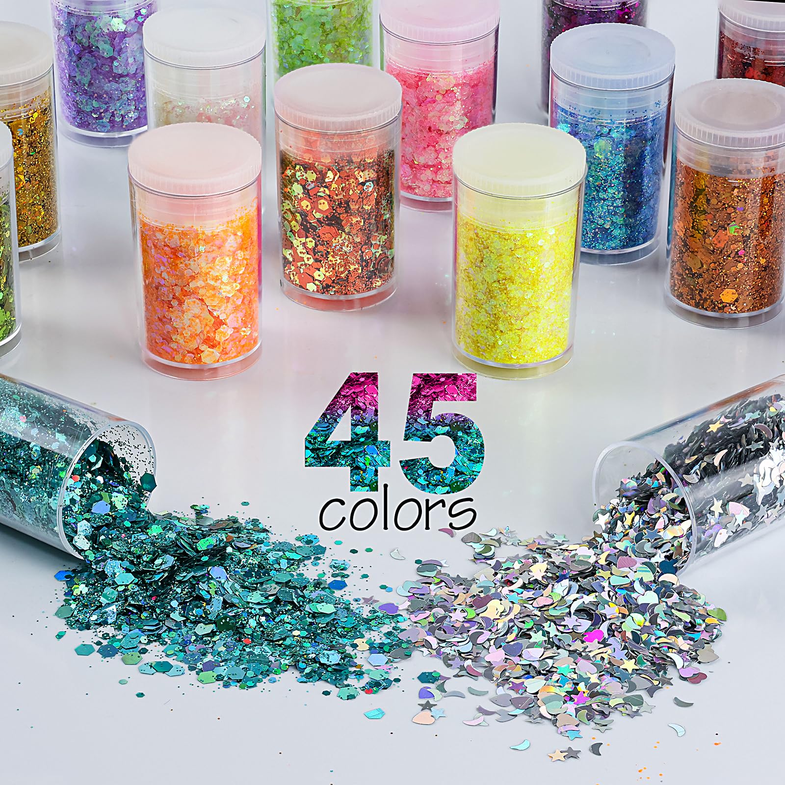 Close up of iridescent hexagon glitter flakes in assorted sizes from fine to chunky
