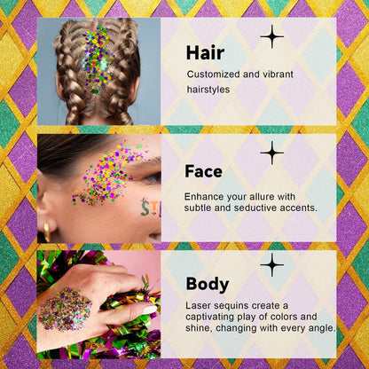 CiikDux Mardi Gras holographic sequins and fine glitter shifting colors under vibrant rave lighting.