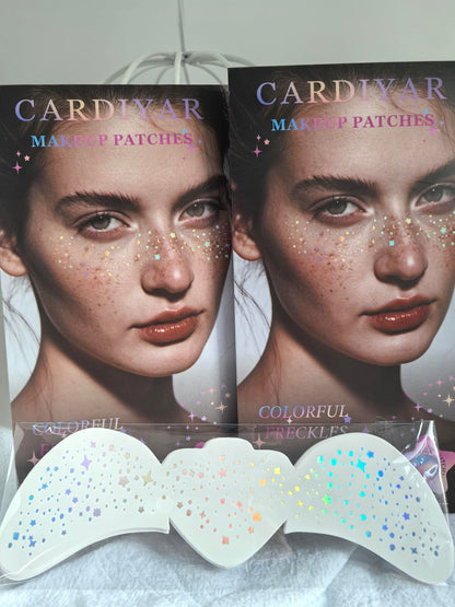 Different sheets of Cardiyar temporary makeup patches featuring diverse festival glitter designs.