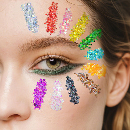 Close up of Estanoite holographic chunky hair glitter gel jars arranged neatly in rows
