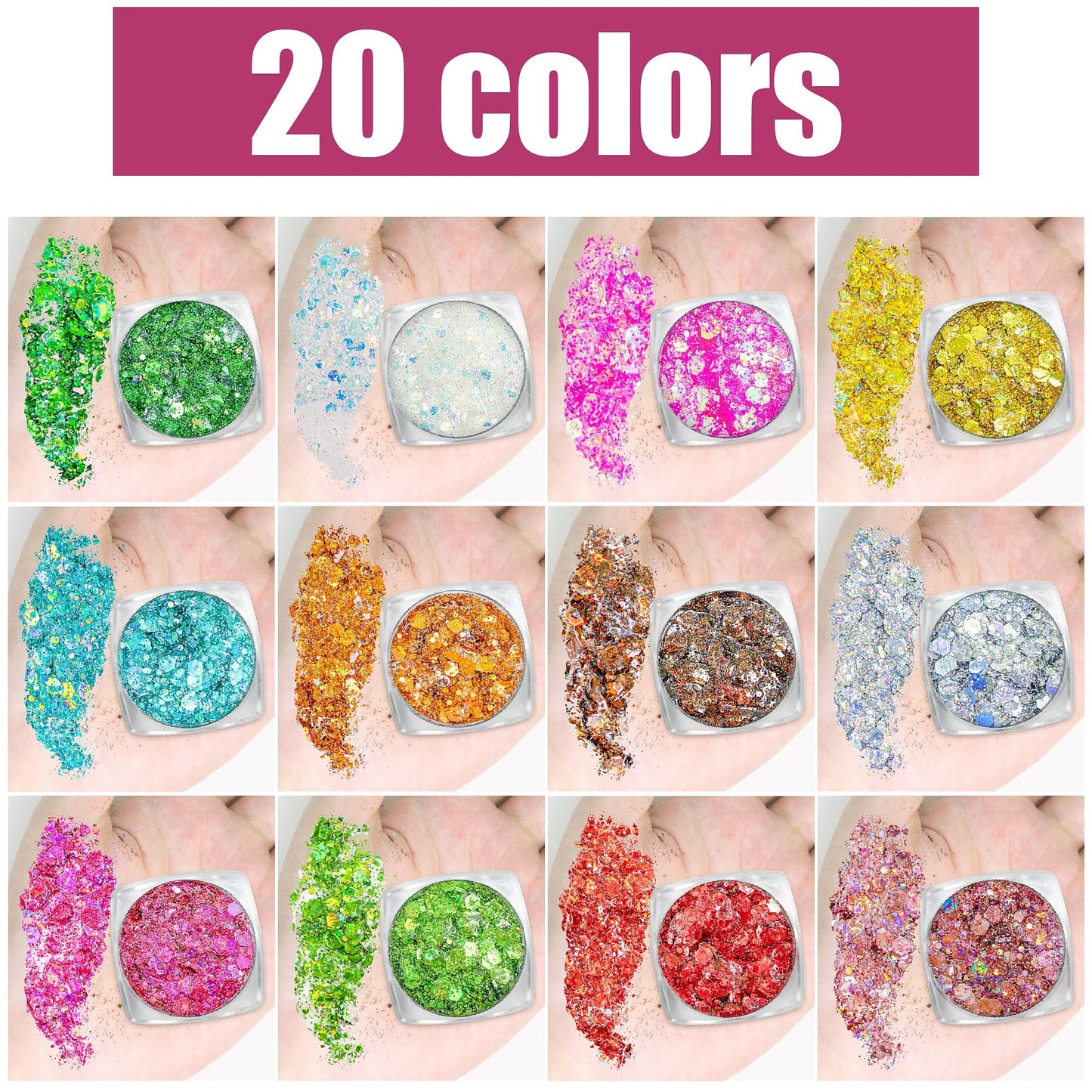 Estanoite festival glitter makeup palette showcasing diverse pink blue purple silver and gold shades