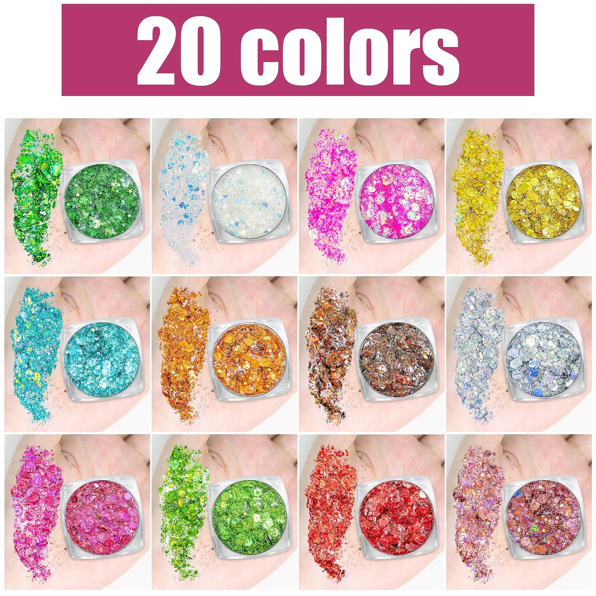 Estanoite festival glitter makeup palette showcasing diverse pink blue purple silver and gold shades