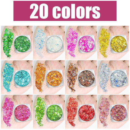 Estanoite festival glitter makeup palette showcasing diverse pink blue purple silver and gold shades