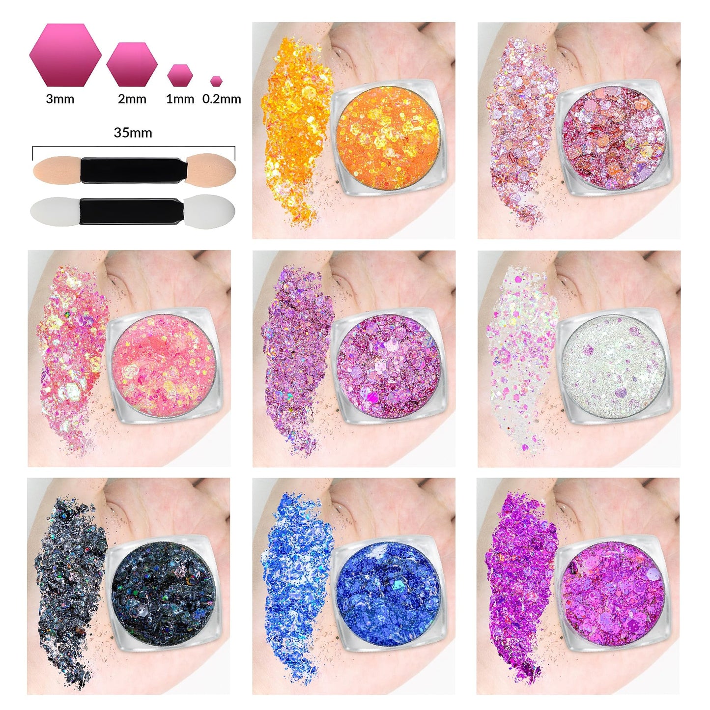 Swatches of Estanoite twenty colors face and body glitter gel displaying high intensity iridescent shimmer