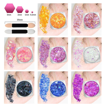Swatches of Estanoite twenty colors face and body glitter gel displaying high intensity iridescent shimmer