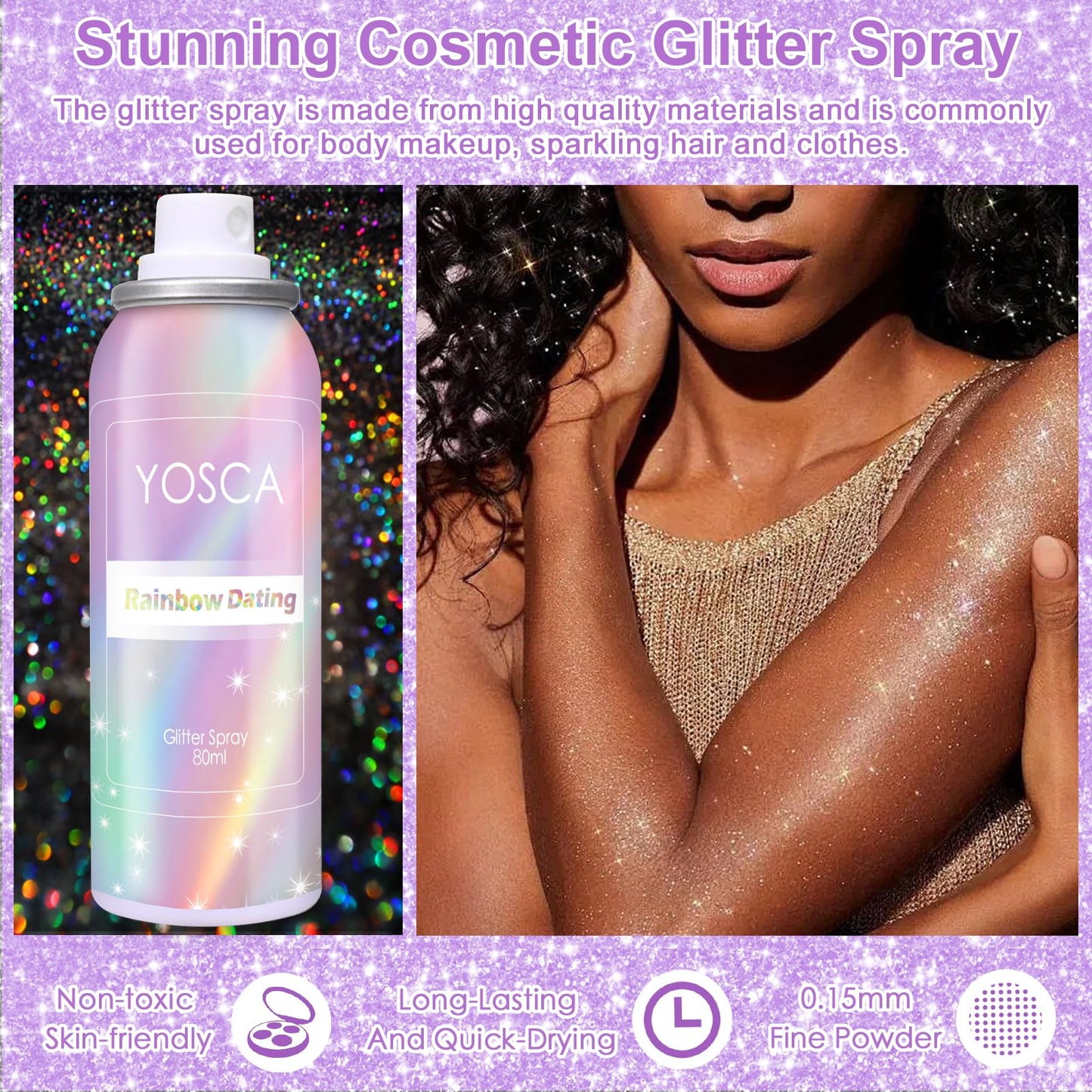 Yosca glitter spray being applied as a sparkling mist on long hair