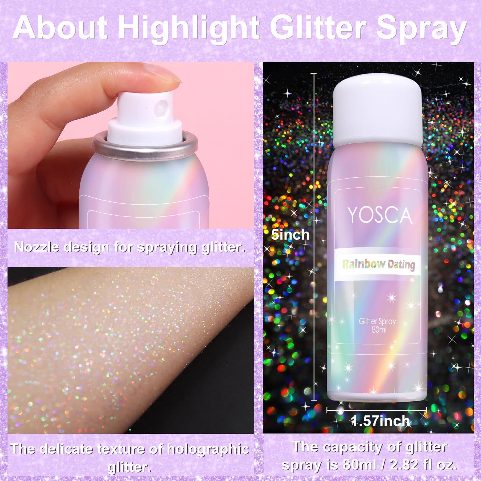 Compact eighty milliliter container of Yosca hair and body shimmer mist