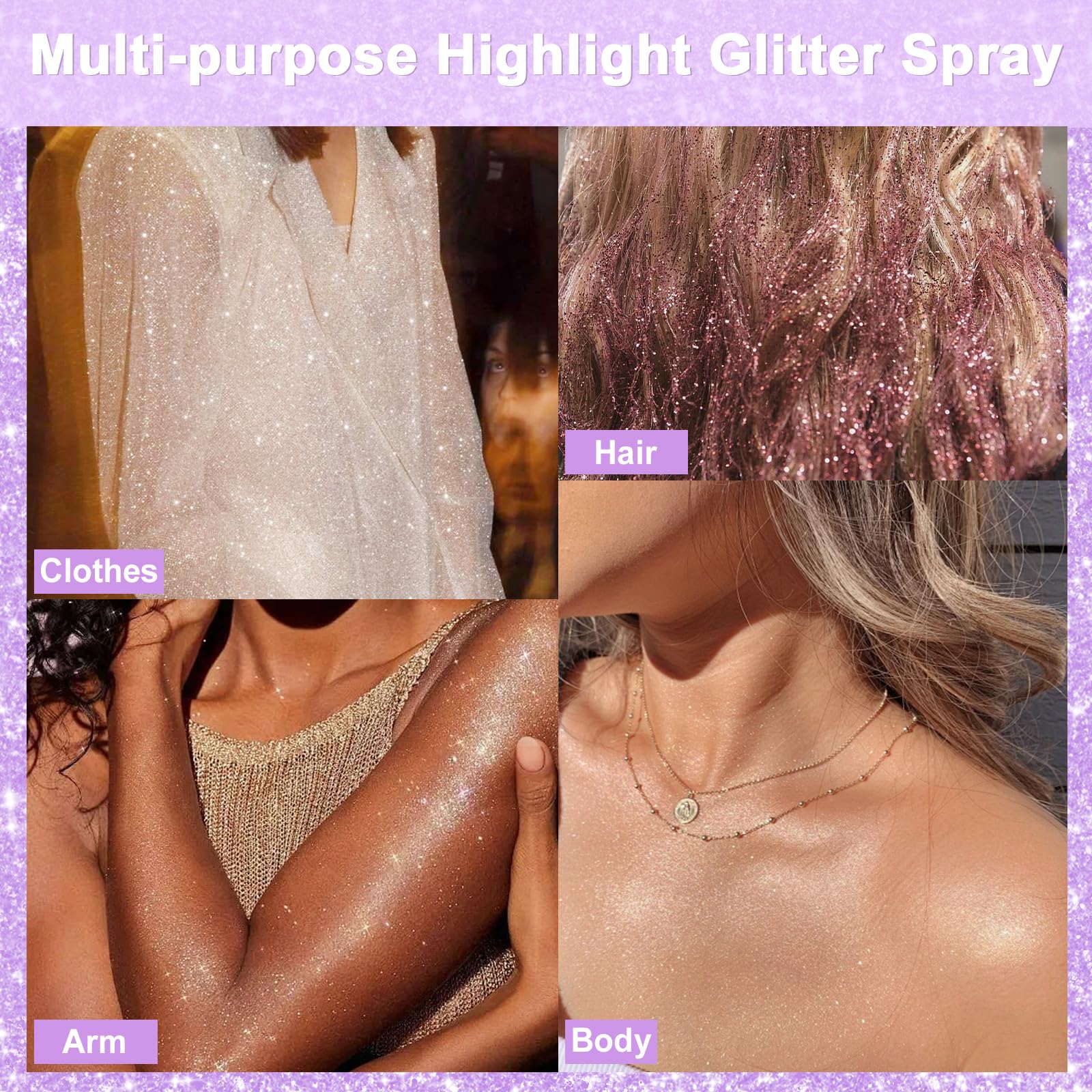 Demonstration of the quick-drying and lightweight glitter spray on skin
