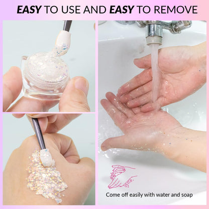 Side profile of Estanoite body makeup glitter containers emphasizing mess free secure lids