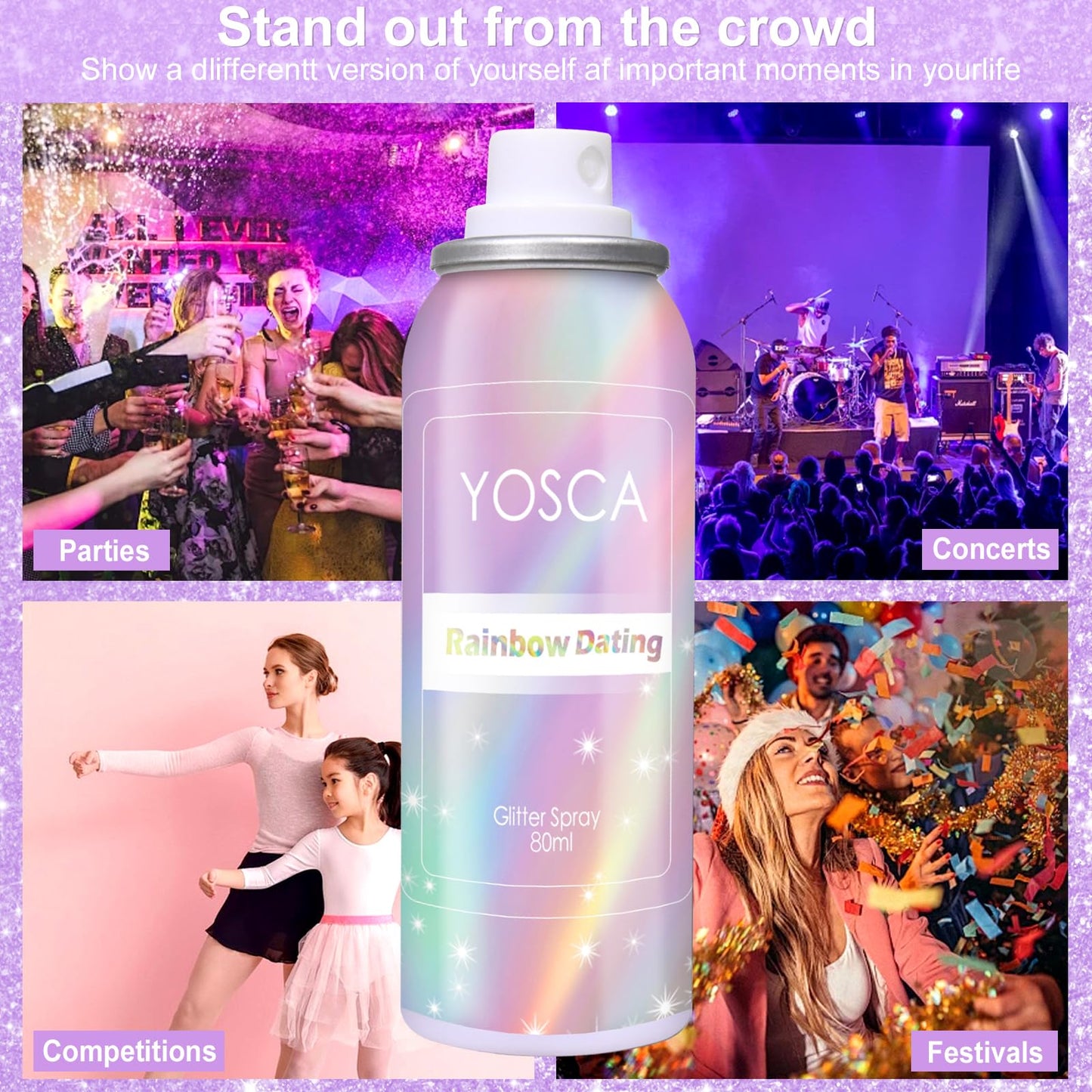 Vibrant festival look featuring reflective silver sparkle on hair and body