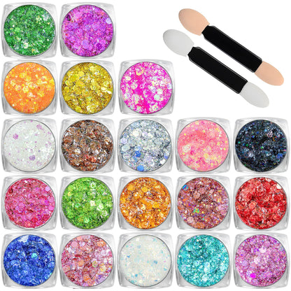 Full collection of Estanoite cosmetic glitter gel for eyes face hair and nails on a clean backdrop